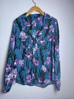 G by Guess Floral Printed Flowered Teal/Purple Button Down Blouse, Size Small